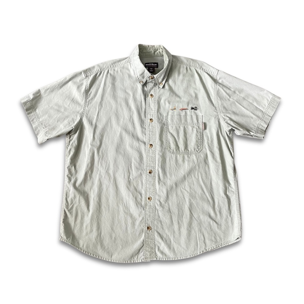 Woolrich Fishing Short Sleeve Button Front Shirt Mens L Beige Cotton Trout Bass